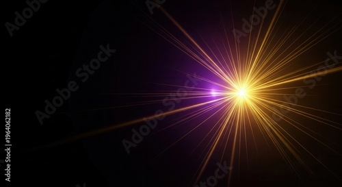 Elegant radial burst of glowing neon gold and purple with diffused light over a cinematic dark perspective on blacksolid background