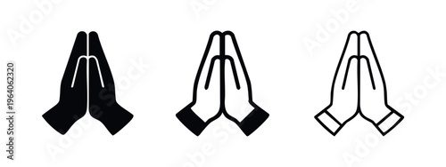 Praying Hands Icons Set, Religion and Spirituality Vector Symbols, Namaste or Prayer Hand Gesture Outline and Solid
