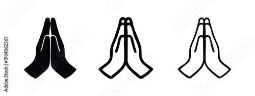 Stylized Praying Hands Icons, Spiritual and Religious Vector Symbols, Meditation or Prayer Gesture Outline and Solid
