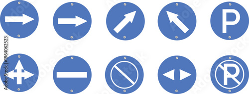 Collection of blue circular road signs with directional arrows, parking, and no parking symbols isolated on white background