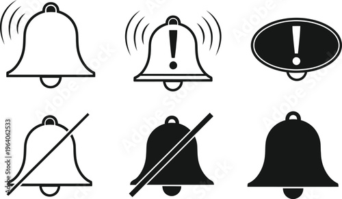 Notification bell icons set with sound and silence indicators