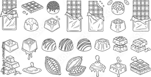 Collection of chocolate vector illustrations including bars truffles cocoa beans and melted drips in a clean line art style