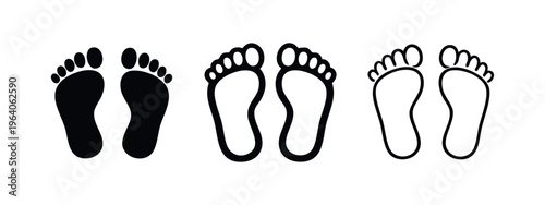 Human footprint icon set. Barefoot silhouette and outline symbol collection on white background.