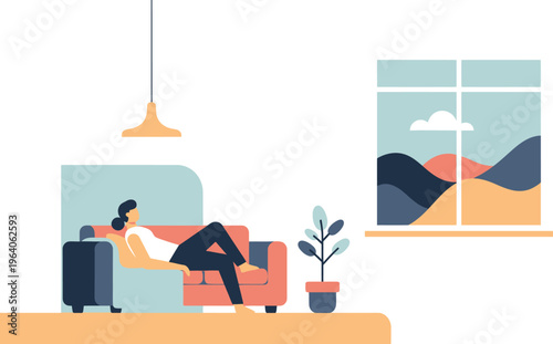 Modern flat illustration of a person relaxing on a sofa at home, enjoying a serene window view. Represents comfort, leisure, and peaceful domestic life