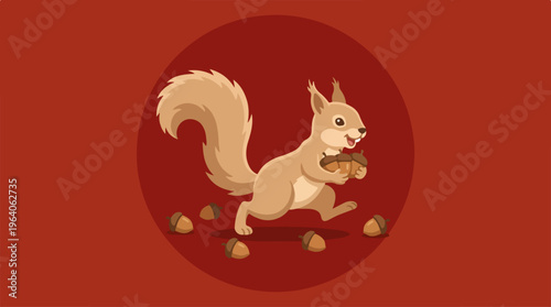 Squirrel running with nuts on a red background illustration.