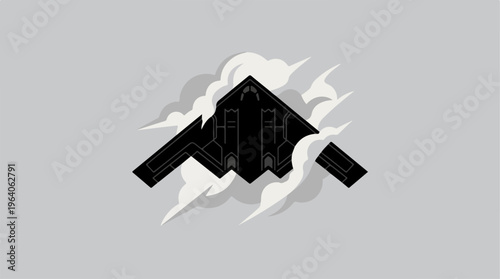 Stealth bomber aircraft silhouette against a neutral background with clouds.