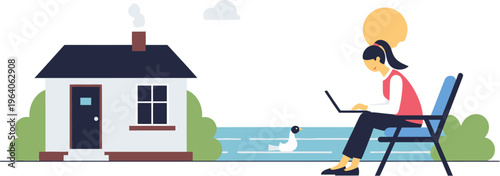 A person working on a laptop outside their house by the water with ducks swimming, enjoying a peaceful work-from-home lifestyle