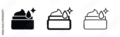 Skincare Cream Jar Icon Set with Shine and Drop, Moisturizing Cosmetic Product Symbol for Beauty