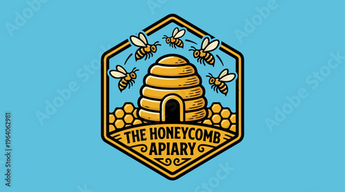 The Honeycomb Apiary Logo - A Detailed Illustration of Bees and Hive.