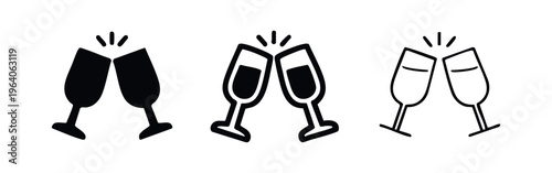 Clinking champagne glasses icon set. Celebration toast symbols in various styles on isolated background.