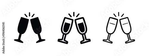 Clinking champagne glasses icon set. Celebration toast symbols in various styles on isolated background.