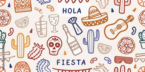 Vibrant mexican themed pattern with festive elements and a guitar silhouette