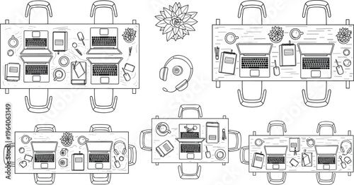 Top view vector illustration set of office desks with laptops chairs plants coffee mugs and headphones in line art