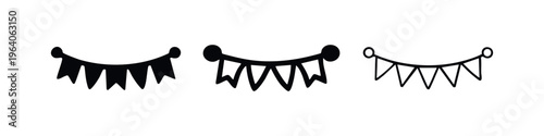 Party bunting banner garland icon set. Festive decoration symbols in various styles on isolated background.