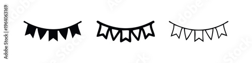 Party bunting banner garland icon set. Festive decoration symbols in various styles on isolated background.