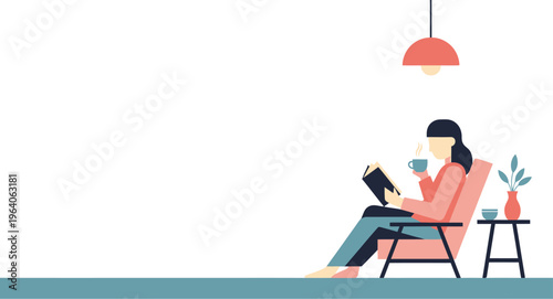 Relaxed woman enjoying quiet leisure time at home, reading a book and sipping a warm drink in a cozy, modern setting, symbolizing tranquility and personal well-being