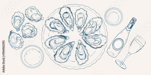 Oysters on ice with champagne a delicate food arrangement silhouette