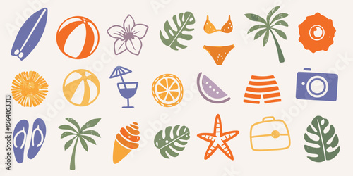 Colorful summer icons and tropical elements in a flat silhouette