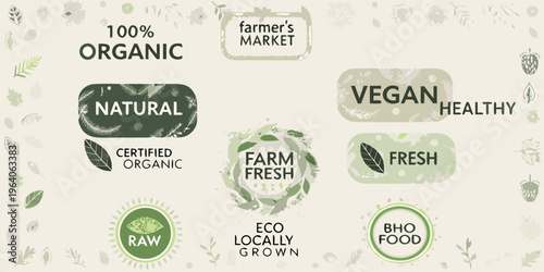 Organic farmer s market badges and labels with botanical elements silhouette