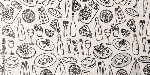 Repeating pattern of food items and cutlery black and white silhouette