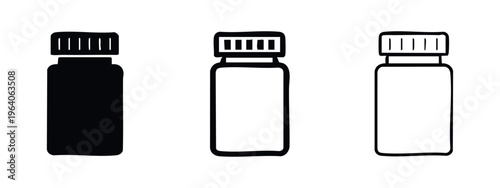 Medicine bottle icon set. Pill container and pharmaceutical symbols. Healthcare and treatment vector.