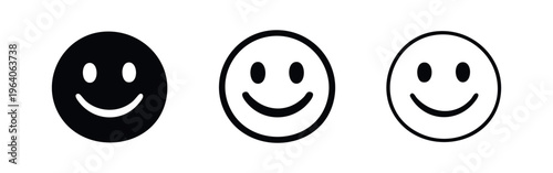 Happy smiley face icon set. Smiling emoji symbol in solid, outlined bold, and outlined thin styles for positive emotions.