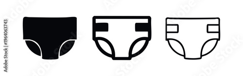 Diaper icon set. Baby or adult absorbent underwear symbol in solid, outlined bold, and outlined thin styles.