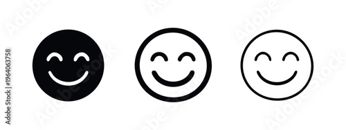 Content smiley face icon set with closed eyes. Blissful emoji symbol in solid, outlined bold, and outlined thin styles.