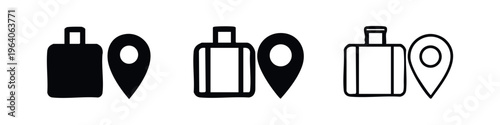 Travel luggage and location pin icon set. Suitcase with map marker symbol in solid, outlined bold, and outlined thin styles.