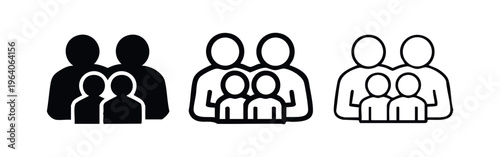 Family with Two Children Icons Set - Parents and Kids Symbol in Solid and Outline Styles