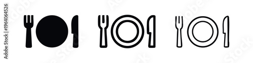 Cutlery Set Icons. Dining Ware, Fork, Plate, and Knife Symbols for Restaurant, Kitchen, and Food Concepts.