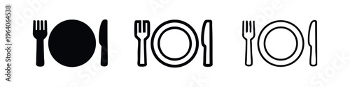 Restaurant Table Setting Icon Set with Plate, Fork, and Knife