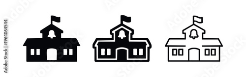 Simple School Building Icon Set with Bell and Flag in Various Styles
