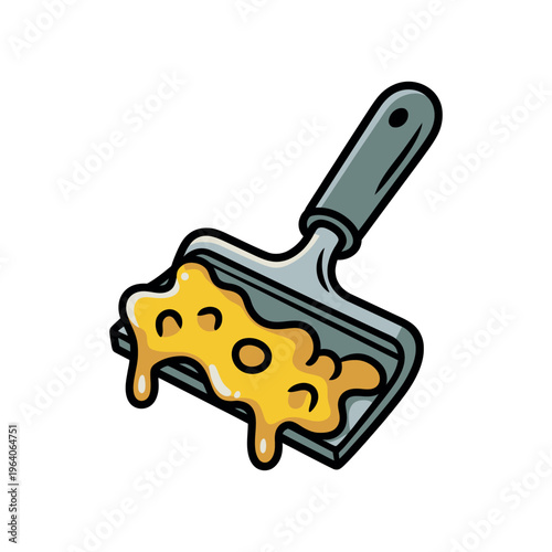 A cartoon illustration of a paint scraper with yellow paint