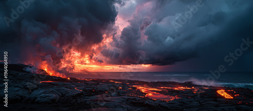 molten volcano eruption lava field magma sunset ocean clouds
