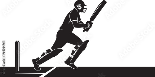 Cricket player in action swinging bat.