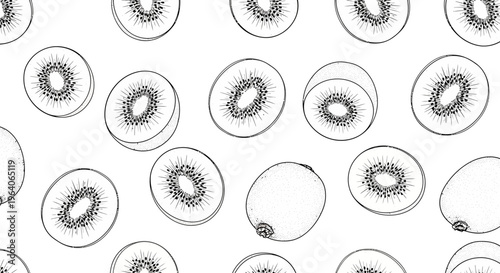 Hand-drawn Kiwi Slices Pattern - Fresh Fruit Illustration on White Background