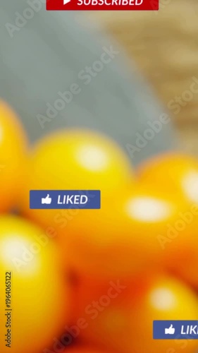 Camera shifting right, badges animating, clearing, revealing cherry tomatoes, showing food styling