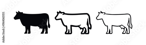 Simple Cow Icon Set - Silhouette and Outline Farm Animal Vector Graphics