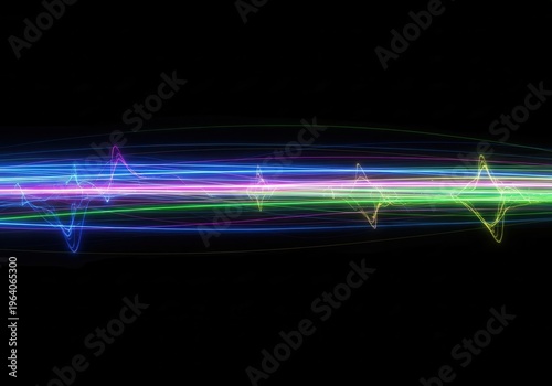 High speed light trails stretching horizontally with glowing neon energy effect on blacksolid background