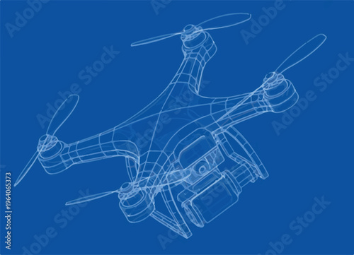 Blueprint wireframe of a quadcopter drone with camera
