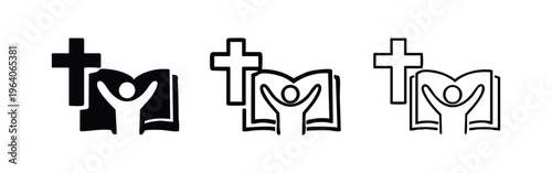 Christian Worship and Bible Study with Raised Hands and Cross Icon Set