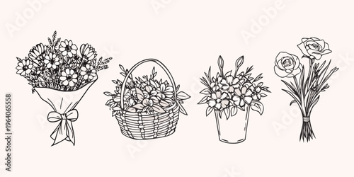 Floral arrangements in vases and a basket hand drawn silhouette