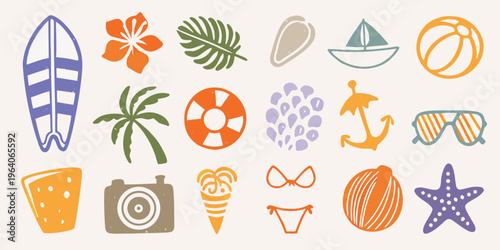 Colorful summer icons and tropical elements in a flat silhouette