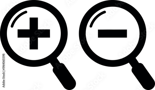 Two magnifying glasses show opposite functions with a plus sign for zooming in and minus sign for.