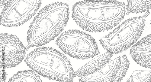 Durian Fruit - Hand Drawn Sketch Pattern - Exotic Tropical Food Illustration