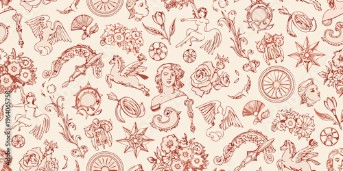 Intricate vintage wallpaper pattern featuring classical figures and floral elements silhouette