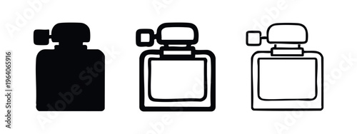 Perfume Bottle Icon Set. Vector illustration of a fragrance or scent container symbol in different graphic styles.