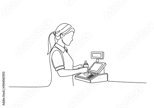Female cashier operating cash register at store on minimalist background