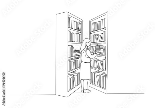 Female librarian selecting book from library shelves on minimalist background